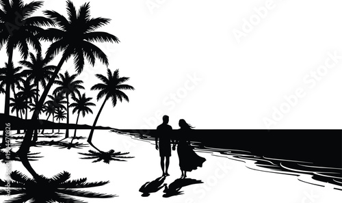 Stunning Black and White Silhouette of Couple Walking on Tropical Beach with Palm Trees Scenery