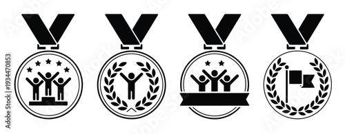Award and Achievement Medal Icon Collection, Vector Illustrations Featuring Victory, Champion, and Recognition Symbols for Tournaments, Business Success, and Celebration Graphics.