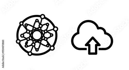 Quantum computing and cloud SaaS icons: Abstract network for quantum, and a cloud with upload arrow for SaaS, symbolizing advanced tech and data.