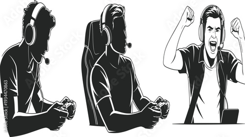 Three Focused Male Gamers Wearing Headphones Playing Games on Laptops and Celebrating Victory in Modern Esports Arena