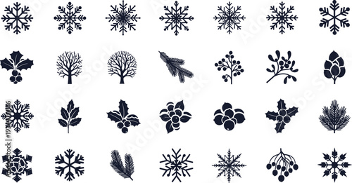 Winter holiday icons set with snowflakes and leaves