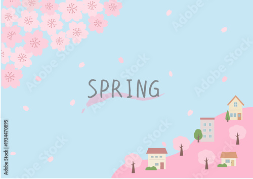 春の背景イラスト　春のバナーイラスト　桜と街並みの風景　家と桜　