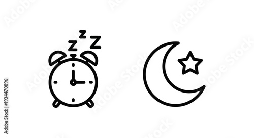 Sleep and bedtime schedule icons: Alarm clock indicating sleep, and a moon with star for bedtime, perfect for health, wellness, or routine planning.