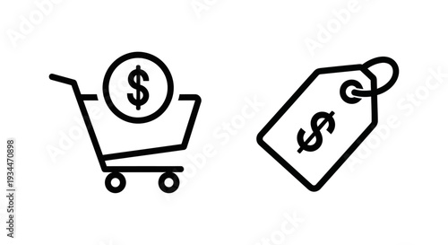 In-app purchase and buy icons: Shopping cart with dollar coin and price tag with dollar, signifying online transactions and retail sales.