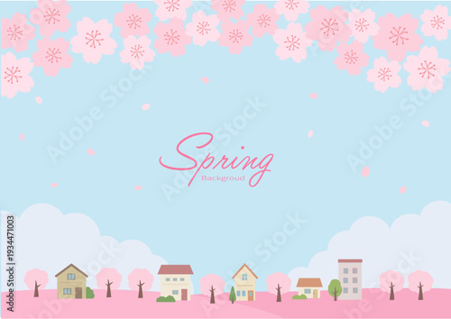 春の背景イラスト　春のバナーイラスト　桜と街並みの風景　家と桜　