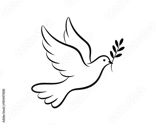 Graceful dove carrying an olive branch in mid-flight against a plain background