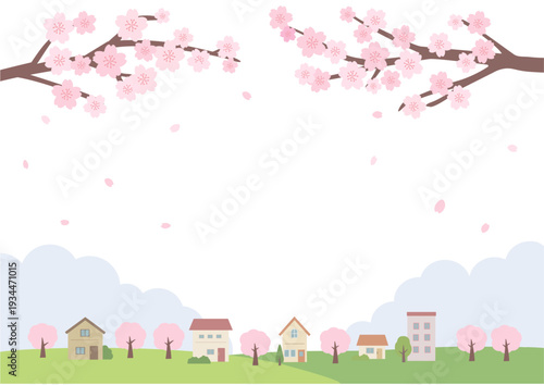 春の背景イラスト　春のバナーイラスト　桜と街並みの風景　家と桜　