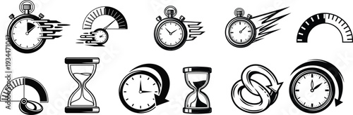 Timer icon set with stopwatch countdown clock alarm and time management symbols in clean outline style