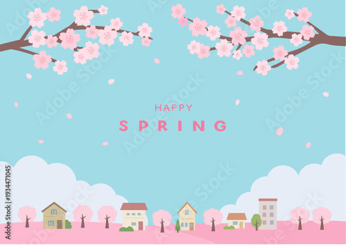 春の背景イラスト　春のバナーイラスト　桜と街並みの風景　家と桜　