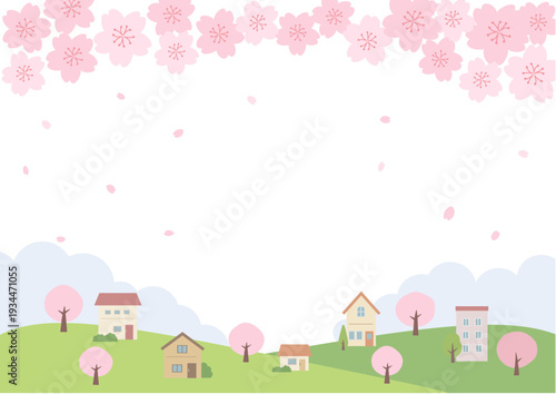 春の背景イラスト　春のバナーイラスト　桜と街並みの風景　家と桜　