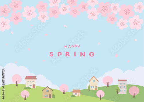 春の背景イラスト　春のバナーイラスト　桜と街並みの風景　家と桜　