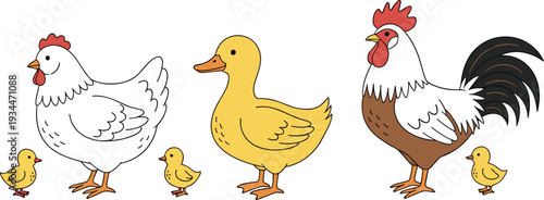 Farm Poultry Cartoon Collection with Hen, Rooster, Duck and Cute Chicks Isolated Vector Illustration Set