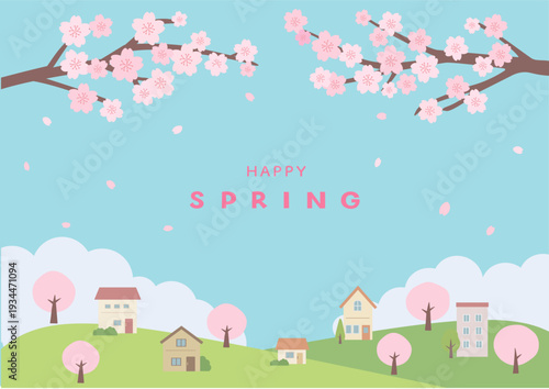 春の背景イラスト　春のバナーイラスト　桜と街並みの風景　家と桜　