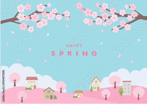 春の背景イラスト　春のバナーイラスト　桜と街並みの風景　家と桜　