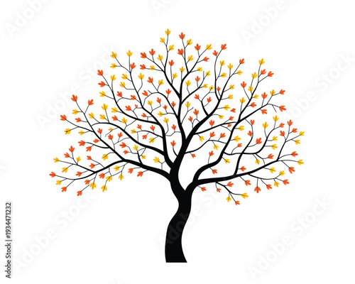 A stylized tree with vibrant autumn leaves and intricate branches