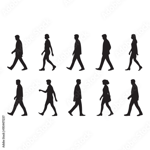 Silhouettes of people walking in different poses displayed in a grid pattern