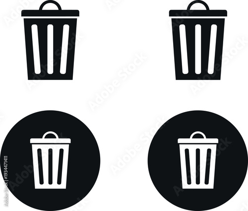 Trash Can Icon Set with Delete Bin Symbols in Solid and Circle Background Styles for User Interface Design