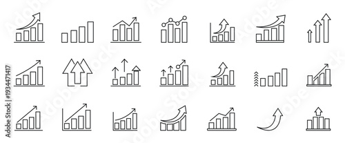 Growing bar graph icon set. Statistics and analytics vector icon. Statistic and data, charts diagrams, money, down or up arrow. Outline icon collection. Pictogram and infographic. Editable stroke. 
