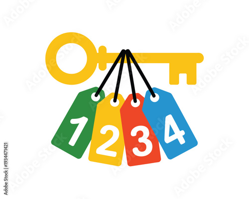 Colorful numbered tags hanging from a set of keys with an open lock symbol