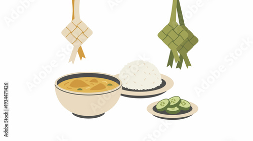 Traditional Asian Food with Rice and Chicken Soup