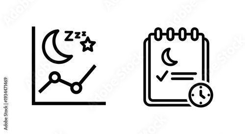 Vector icons showing sleep history graph with moon and stars, and sleep log checklist with clock, tracking sleep patterns for health.