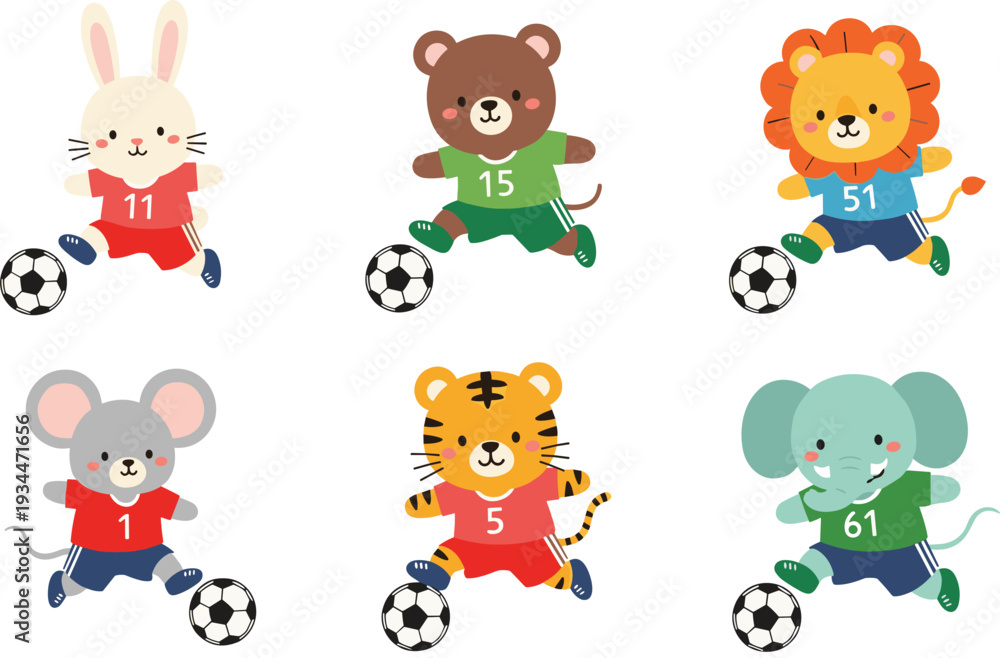 Obraz premium Cute Animal Soccer Players Cartoon Collection with Bunny, Bear, Lion, Tiger, Mouse and Elephant Football Vector Set