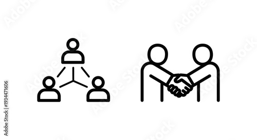 Affiliate program and partner program icons, showing network connections and handshake agreement