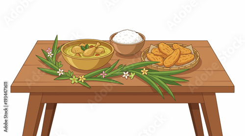 Wooden Table with Bowls and Leaves.