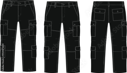 Black Cargo Pants Technical Drawing Set, Men's Tactical Trousers Template with Multiple Pockets, Front Side and Back View Apparel Design Mockup