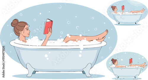 Set of 3 woman in bathtub vector illustrations