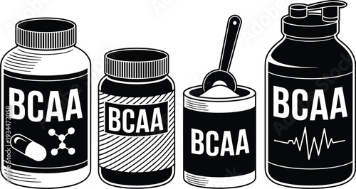 BCAA Supplement Containers and Protein Powder Scoop Vector Icons, Amino Acid Jar and Shaker Bottle Black and White Illustration Isolated on White