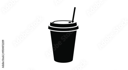 A black silhouette of a disposable cup with a lid and straw silhouette