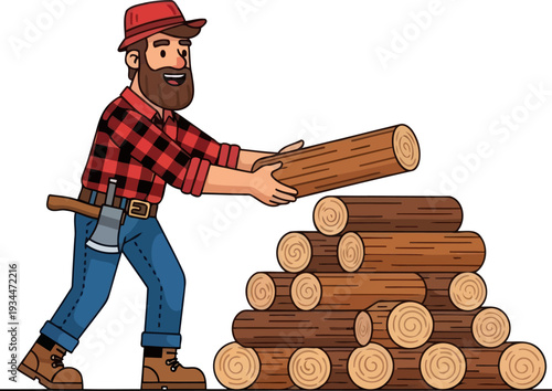 Bearded woodcutter carrying a large log to a pile