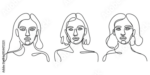 Minimalist continuous line art portraits of three women