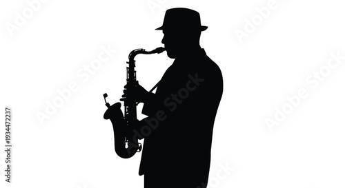 Jazz musician playing a saxophone depicted in a striking black silhouette