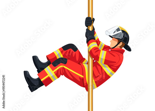 Brave fireman sliding down pole to answer emergency call