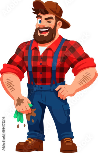 Bearded woodcutter winking with dirty hands and suspenders