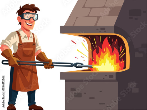 Blacksmith working with hot iron at forge