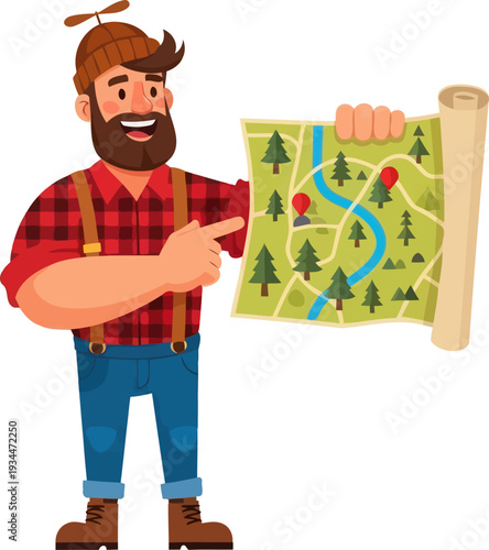 Bearded lumberjack examining a forest trail map