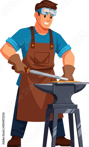 Blacksmith refining metal piece on anvil with file