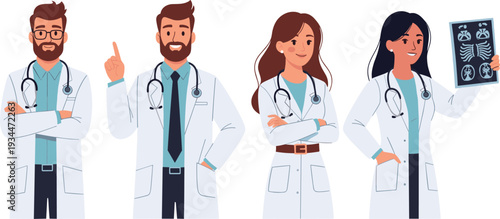 Professional Doctors Team Cartoon Collection with Male and Female Physicians in White Coats Medical Healthcare Vector Illustration