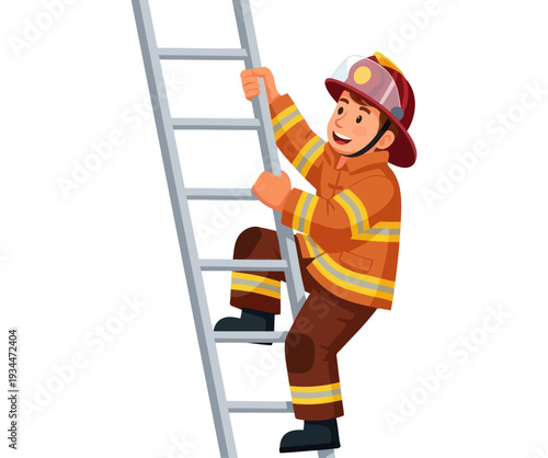 Courageous fireman ascending a tall ladder for rescue