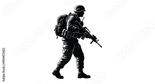 Soldier with rifle and backpack in a dramatic black silhouette