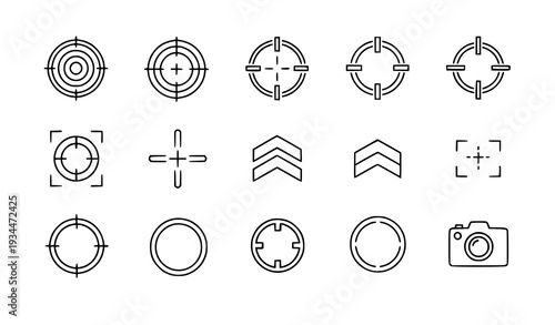 A set of vector graphic icons depicting various camera and targeting symbols