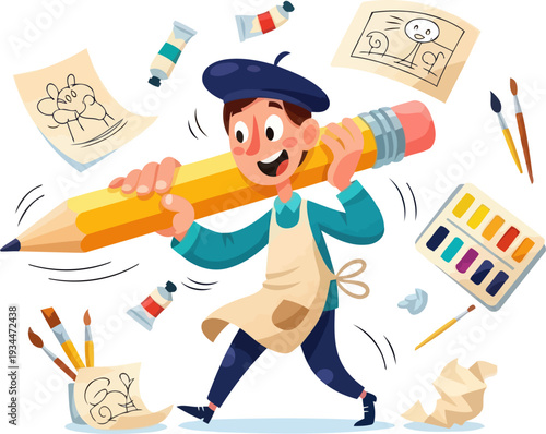 Creative artist carrying a giant yellow pencil