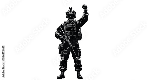 Armed soldier raising fist in protest detailed black silhouette high quality
