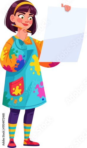 Creative girl wearing paint splattered apron holding blank paper and pencil