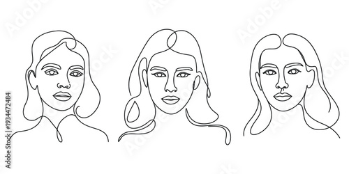 Minimalist set of three continuous line art female portraits