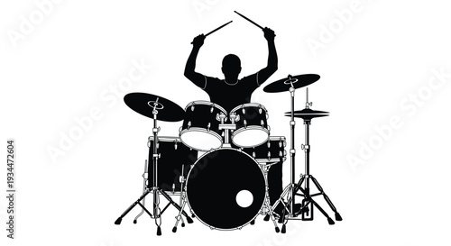 Drummer playing a full kit with arms raised in a dynamic pose silhouette