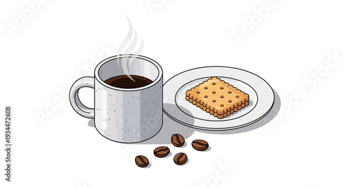 Steaming cup of coffee with biscuit on side and coffee beans